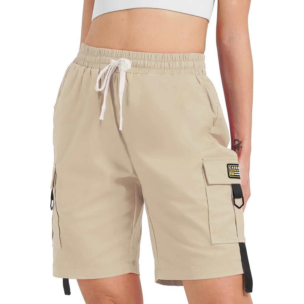 Women's Casual Cargo Shorts with Pockets Elastic High Waist Drawstring Bermuda Shorts for Women