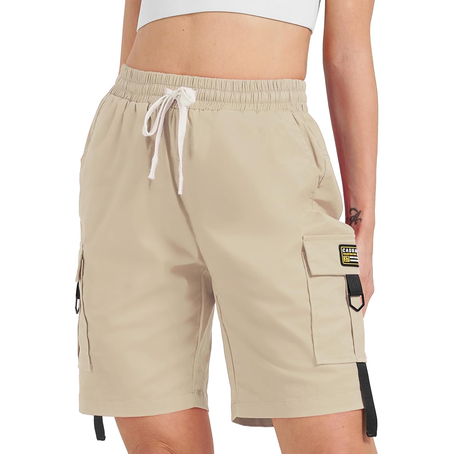 Women's Casual Cargo Shorts with Pockets Elastic High Waist Drawstring Bermuda Shorts for Women