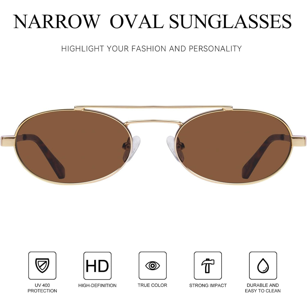 mosanana Trendy Oval Sunglasses for Women Retro Small 90s Metal Style MS52588 C2 Gold/Brown