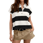 Womens Striped Polo Shirts Summer Short Sleeve Rugby Shirt Oversized Cotton Collared Casual Loose Cropped Tee Tops