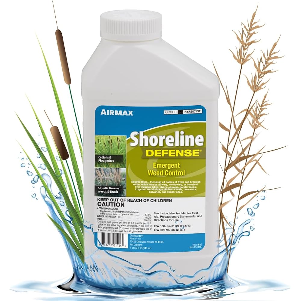 Airmax Shoreline Defense Emergent Weed Control Herbicide, 1 Quart | Concentrated Glyphosate Treatment Controls Phragmites, Pond Grass & Cattails In Aquatic Shoreline Areas