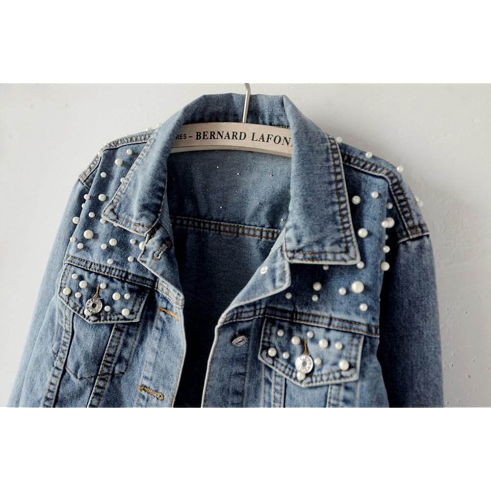 Women'S Embroidered Pearl Denim Jean Jacket Coat