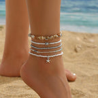Ankle Bracelets for Women Stretch Boho Pearl Bead Gold Anklets Layered Sequins Foot Chain Hawaiian Beach Conch Summer Vacation Travel Foot Jewelry