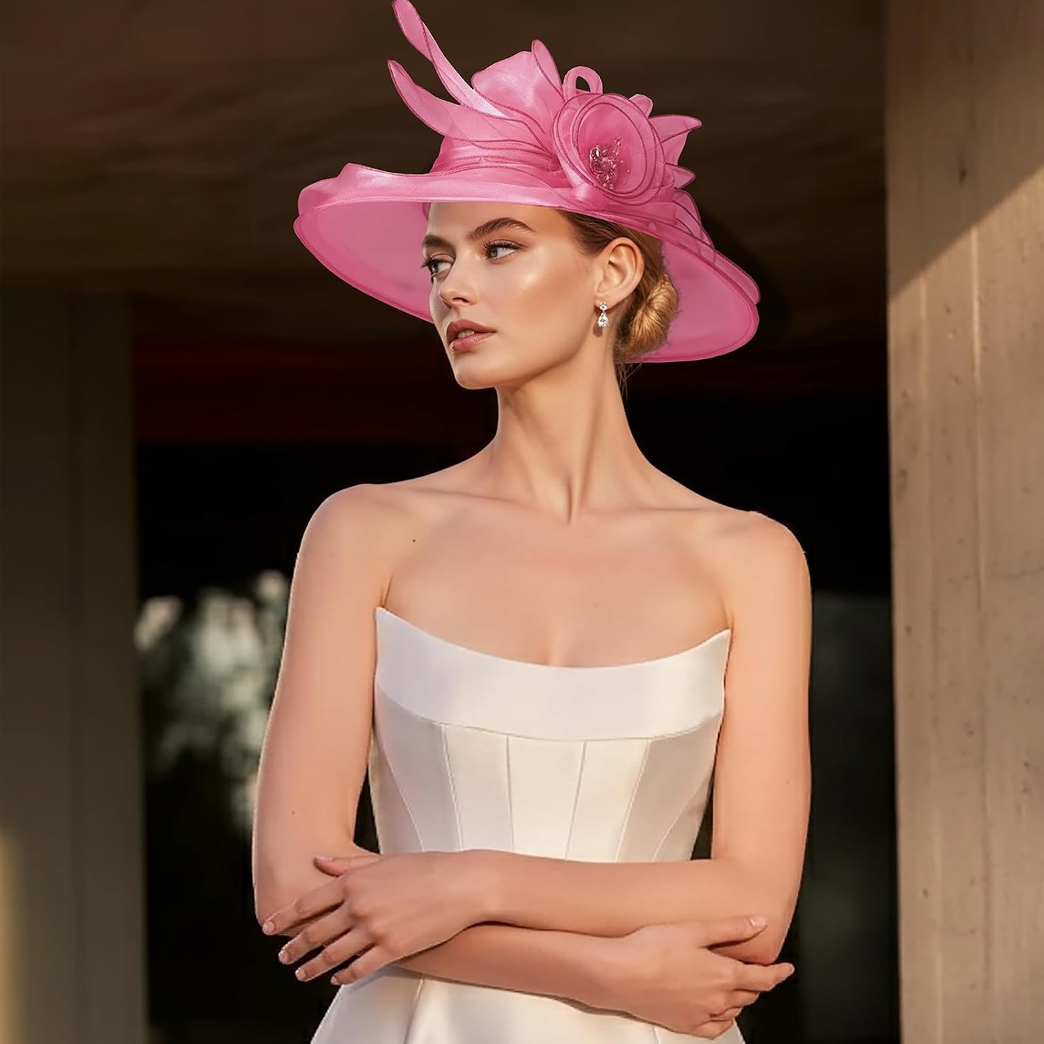 DRESHOW Women Organza Hat Church Cap Hats Clearance Kentucky Derby Cocktail Tea Party Wedding Flower Hat with Wide Brim Flower Hat: Pink