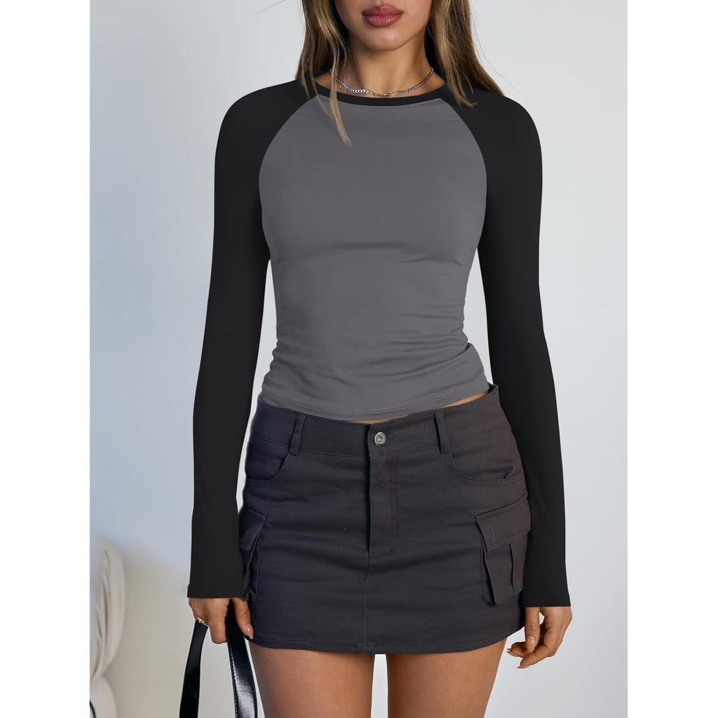 Trendy Queen Women'S Long Sleeve Shirts Slim Fit Stretchy Color Block Slightly Cropped Tops