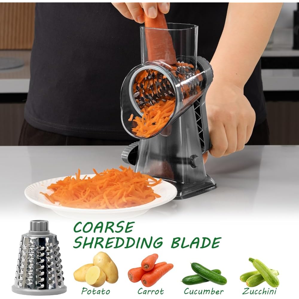 Cheese Grater Hand Crank Rotary Vegetables Shredder With Handle | 3-In-1 Graters, Interchangeable Blades, Non-Slip Base, Multifunctional Slicer
