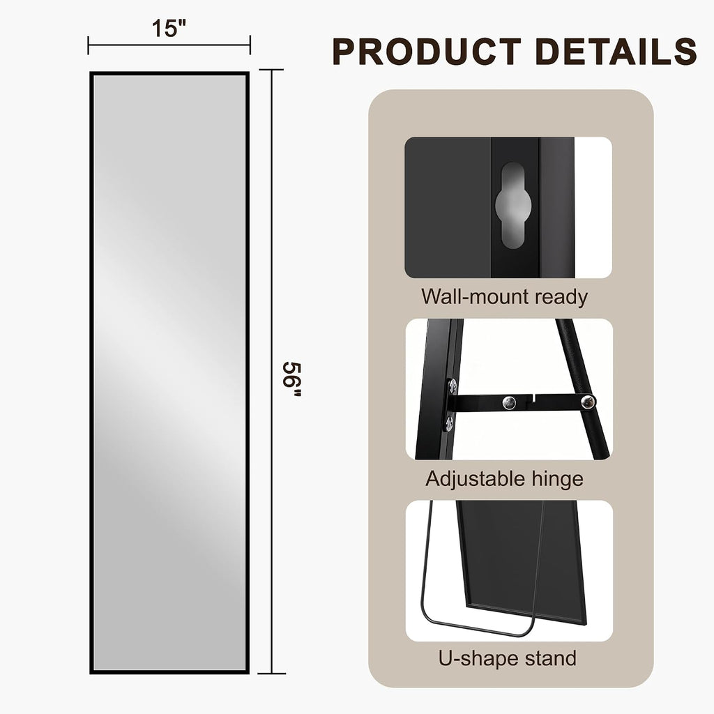 Fictor Full Length Mirror With Stand, Floor Standing Mirror Full Body, Hd Shatterproof Black Frame Wall Mirror For Bedroom, Living Room, Dressing Room & Entryway, 56"X15"