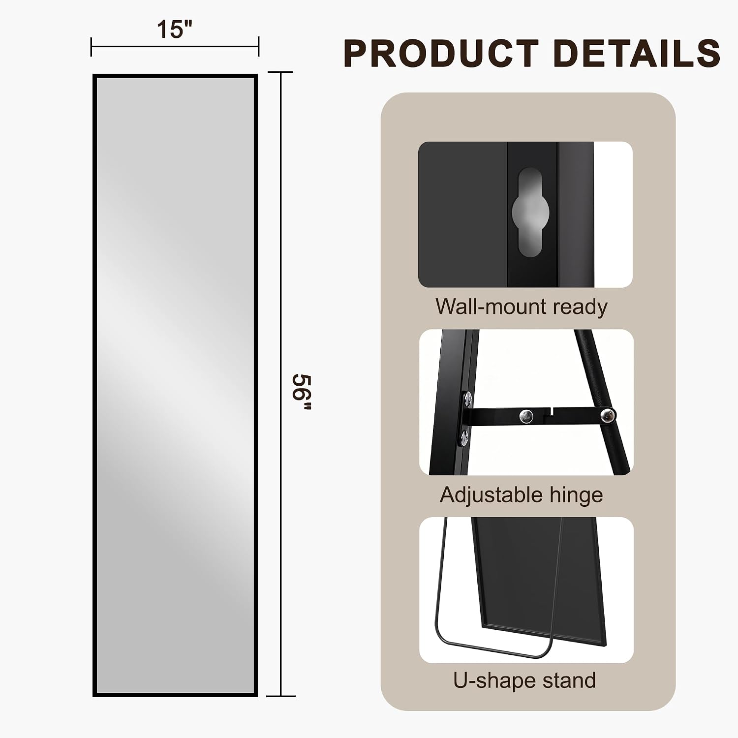 Fictor Full Length Mirror With Stand, Floor Standing Mirror Full Body, Hd Shatterproof Black Frame Wall Mirror For Bedroom, Living Room, Dressing Room & Entryway, 56"X15"
