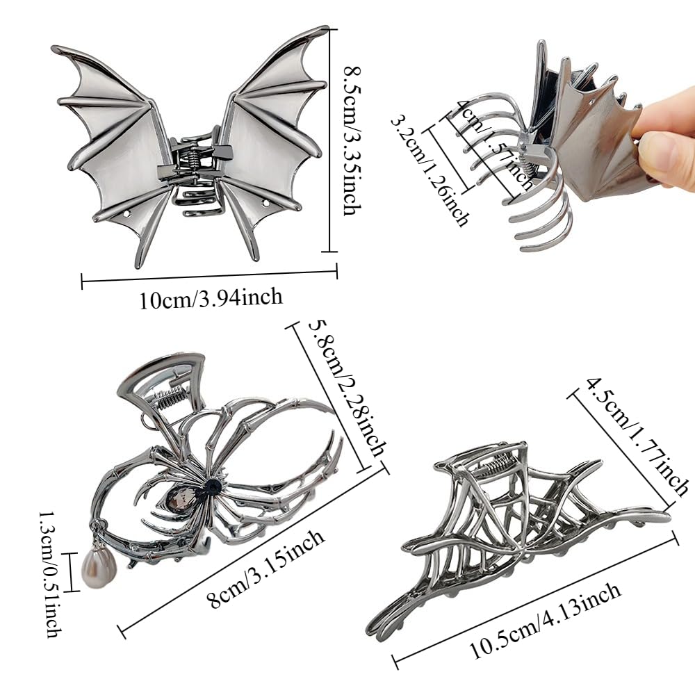 Halloween 3PCS Spider Net Bat Hair Claw Clips Hair Styling Accessories for Women Girls, Gothic Black Metal with Pearl Spooky Large Medium Size Catch Clips for thick Hair Holiday Gifts(Black Gun)