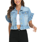 Miss Moly Women'S Denim Jacket Ruffle Sleeve Button Down Distressed Summer Cropped Jean Jackets