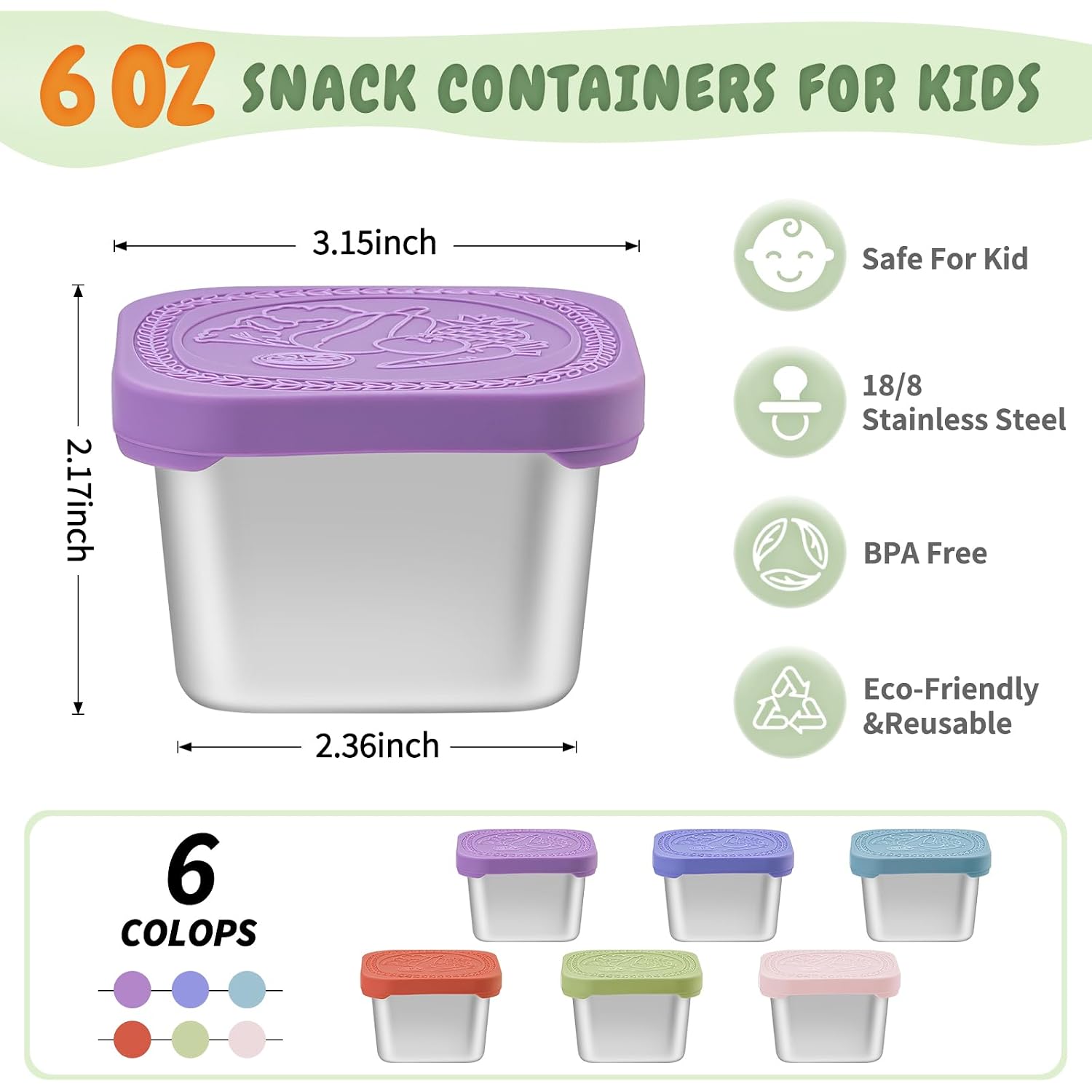 6 Oz Stainless Steel Snack Containers For Kids - 6 Pack Metal Food Containers With Lids Silicone Easy Open 100% Leak Proof Bpa Free Reusable Baby Lunch Box For Daycare Travel And Office