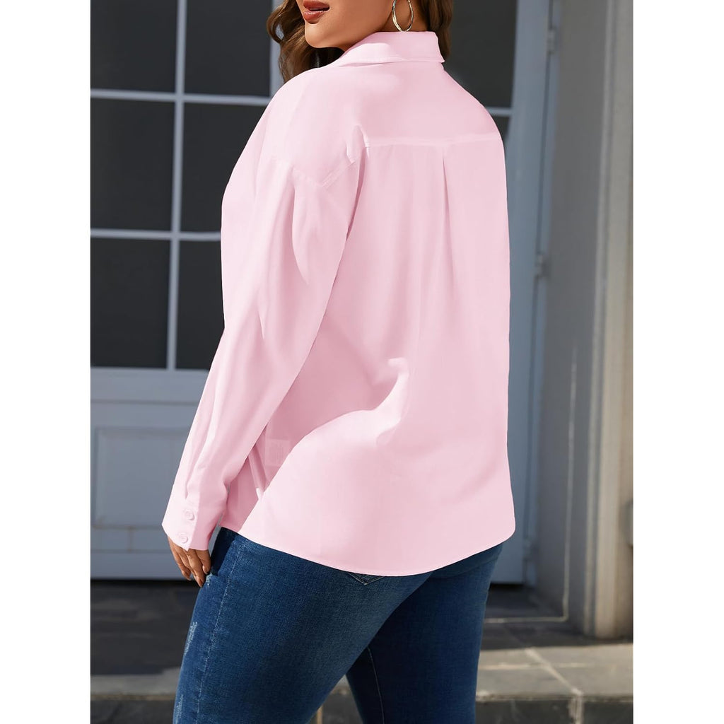 Plus Size Womens Solid Color V Neck Button Down Blouse Long Sleeve Casual Business Dressy Blouses Xl-5Xl