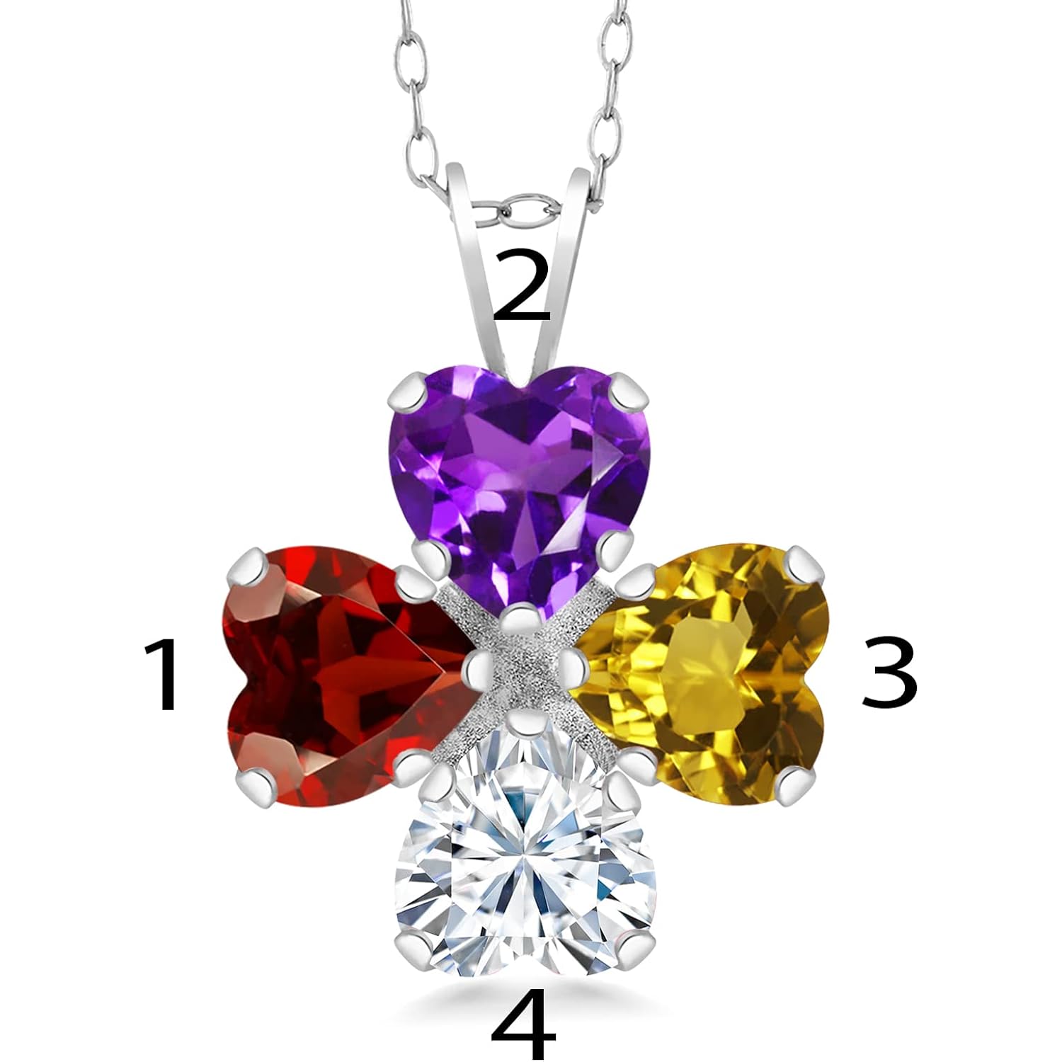Gem Stone King Customized and Personalized 4 Heart Shape Pendant Necklace For Women | 925 Sterling Silver | Gemstone Birthstone Fashion Love Mothers Flower Blossom Necklace | With 18 Inch Silver Chain