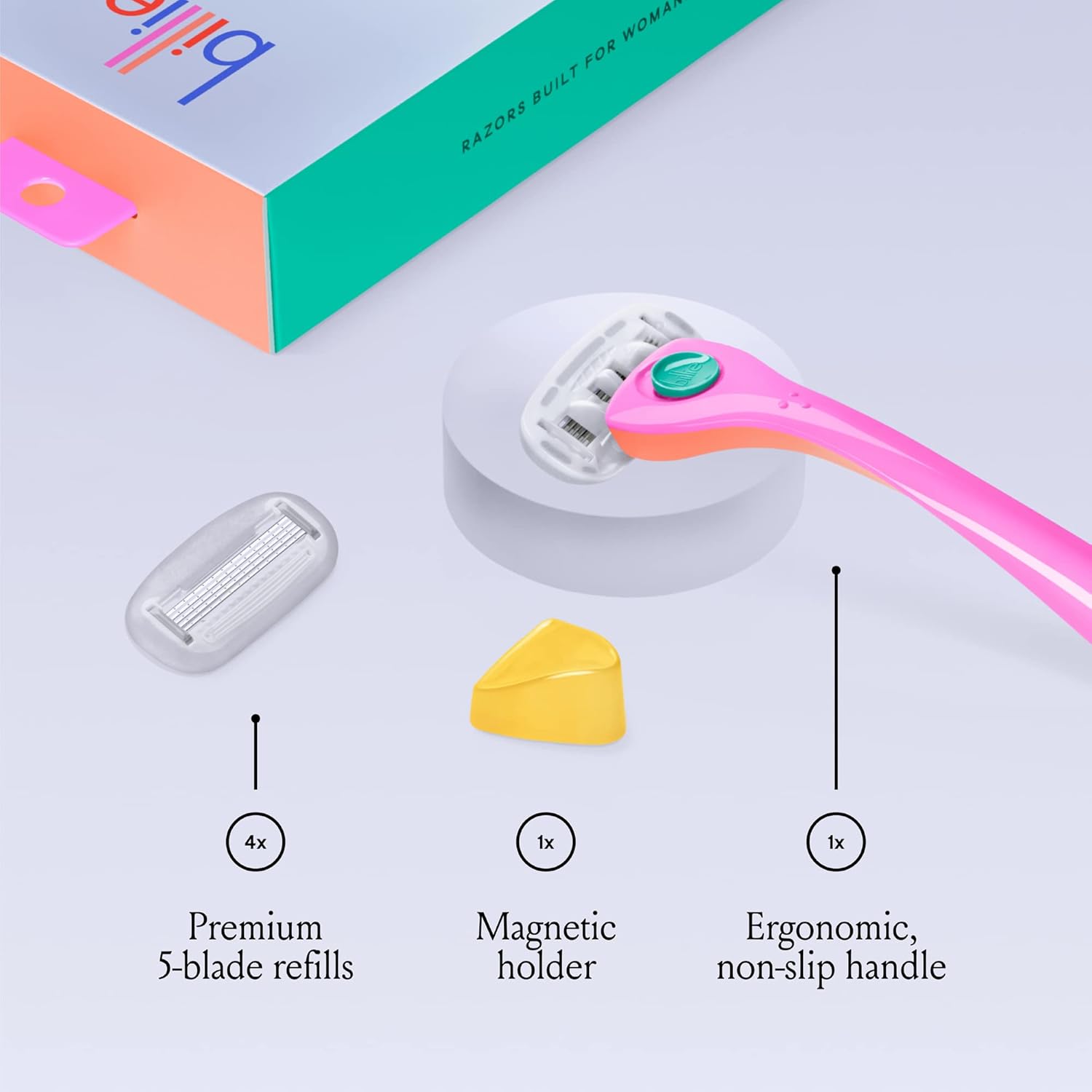 Billie Razors for Women Shave Kit – Women’s Razor + 4 x 5-Blade Razor Refills + Magnetic Holder – Malibu