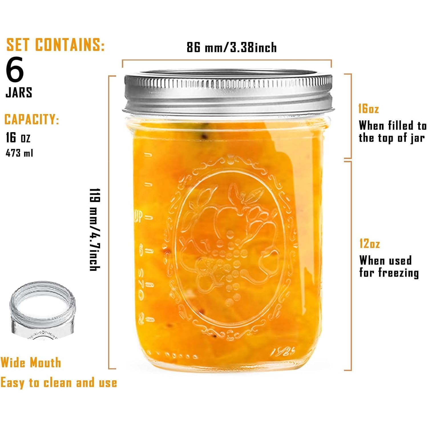 Miuyhji Wide Mouth Mason Jars 16 oz with Lids [6 Pack], Canning Jars with Metal Airtight Lids and Bands, 16 oz Glass Jars for Fermenting, Pickling, Freezing, Preserving, Meal Prep, Jar Décor