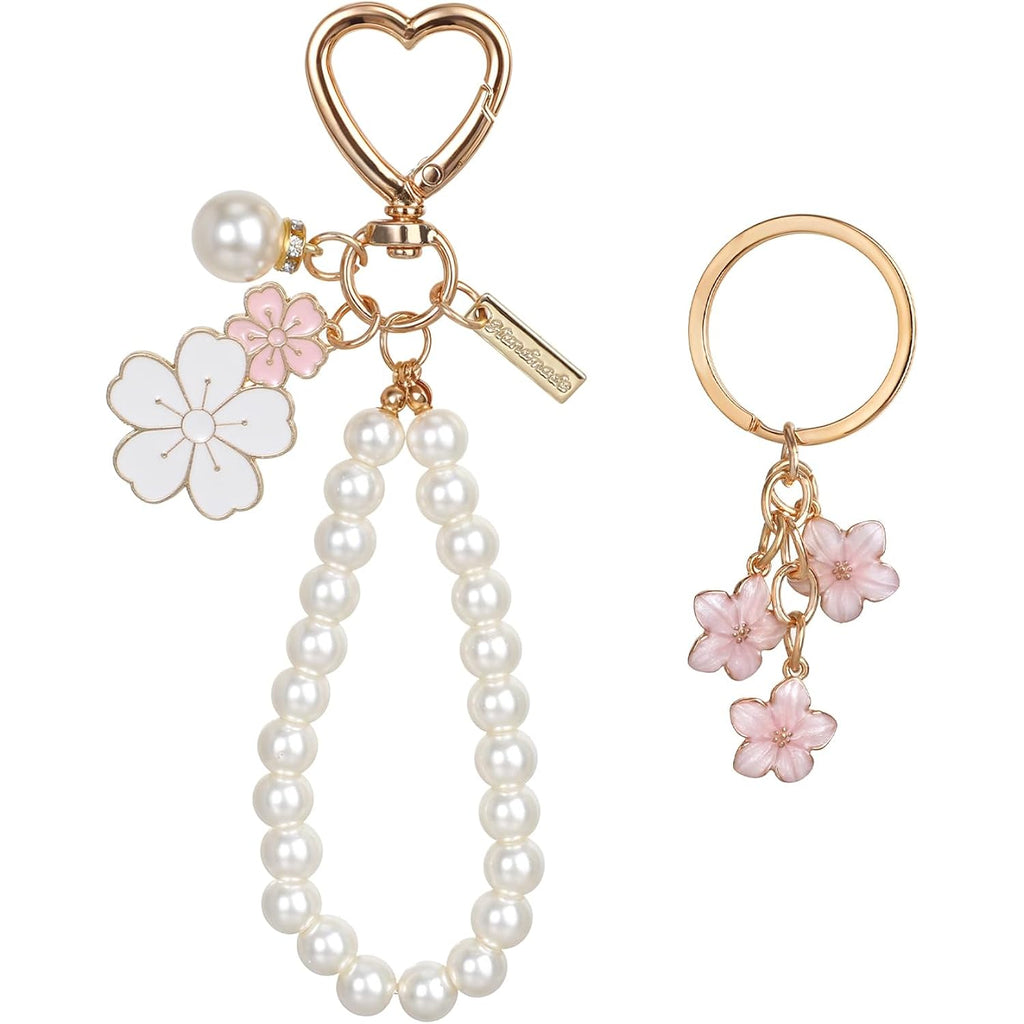 Piriuuo 2 Pcs Cute Pearl Keychains for Women, Flower Keychain Kit Imitation Pearl Chain Key Chain Golden Car Key Chain Flower Keychain Charm for Girls Purse Bag Accessories