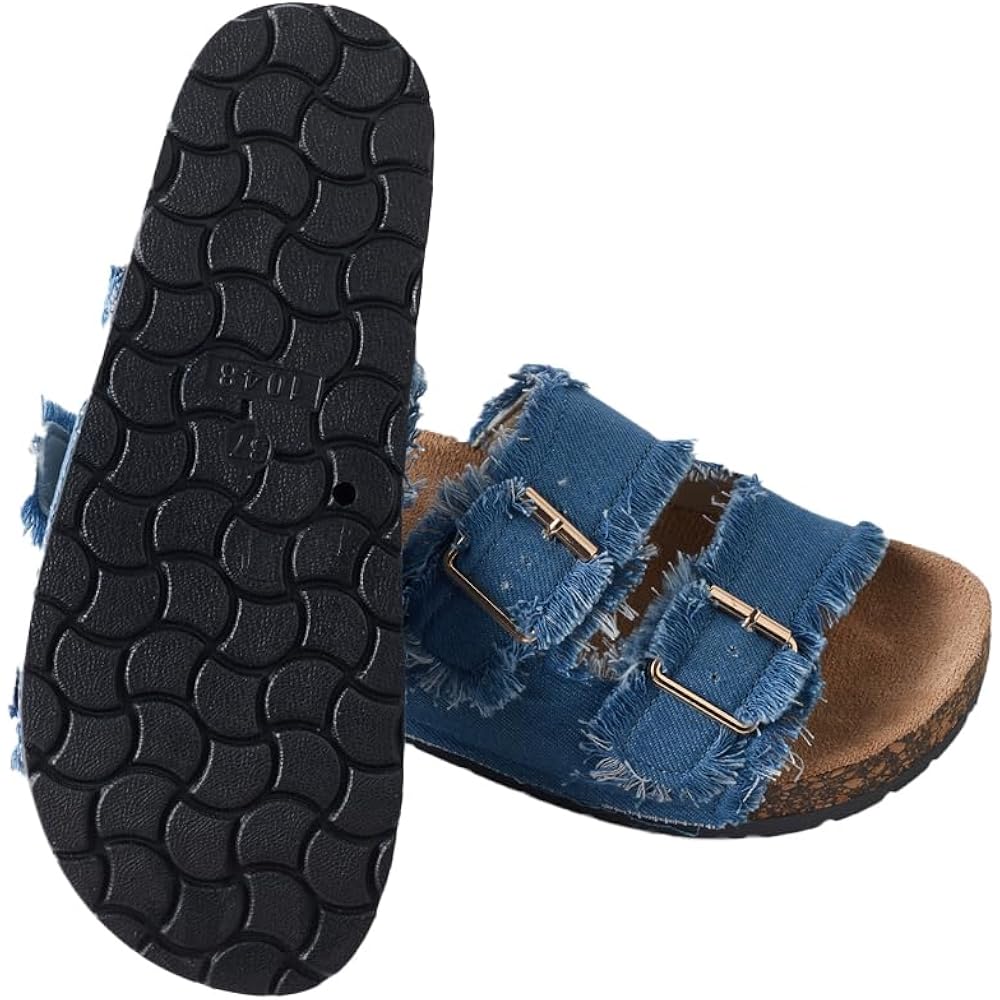 Roxoni Women'S Comfort Flat Sandals Double Buckle Adjustable Straps Flat Slides Footbed Suede