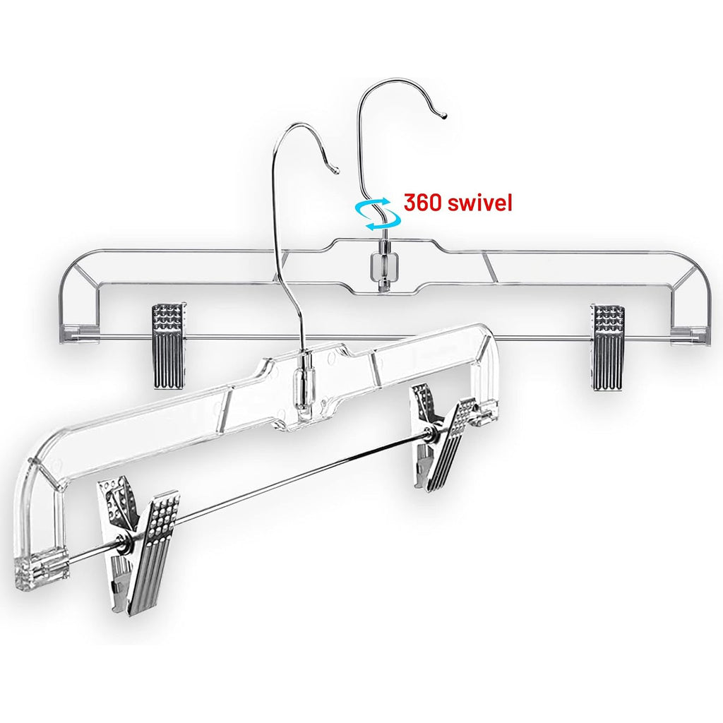 Deilsy™ Pants Hangers With Clips 12 Pack – 14 Inch Clear Plastic Skirt Hangers, 360° Swivel Hook, Clip Hangers For Pants, Skirts, Jeans, Shorts & Trousers – Space Saving, Non-Slip