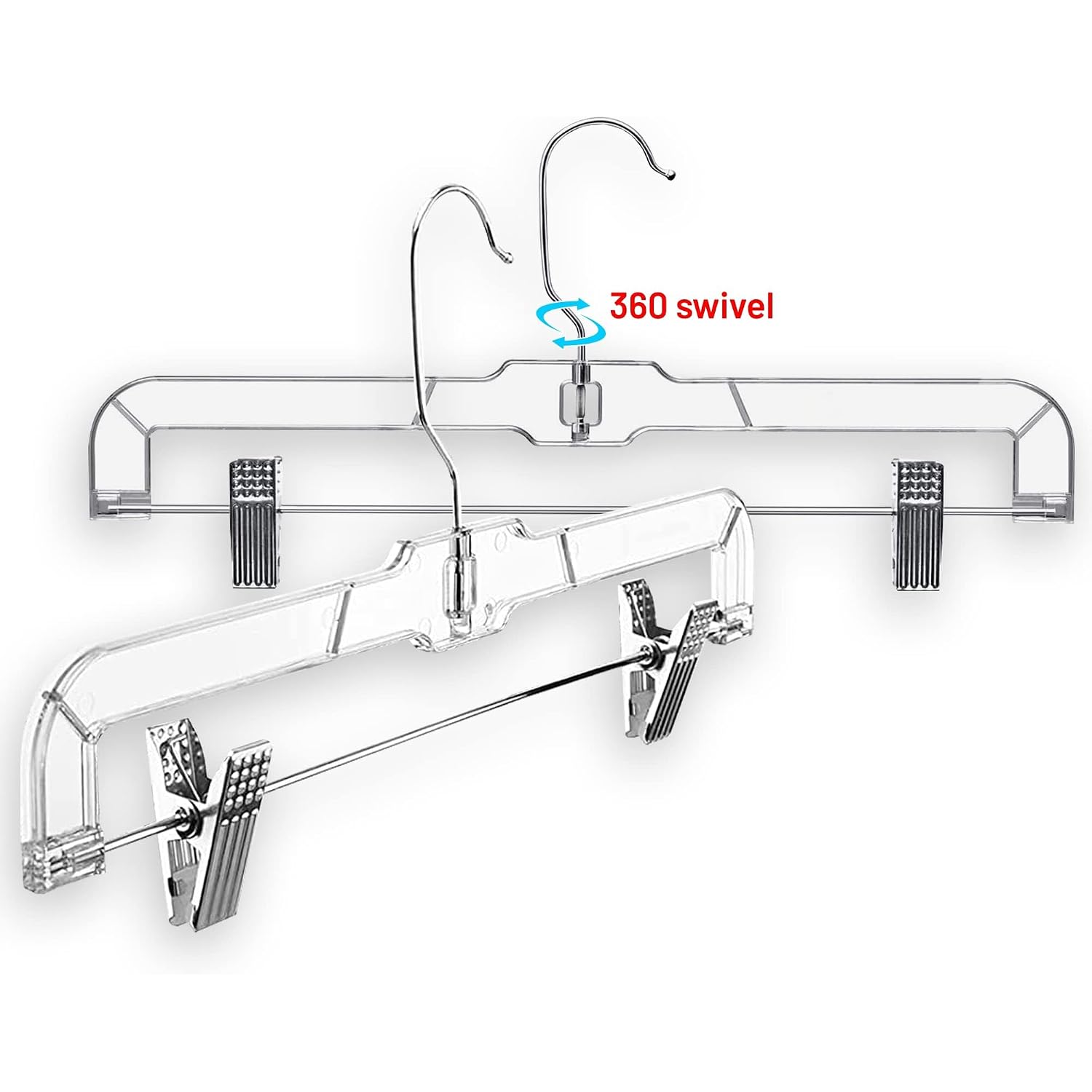 Deilsy™ Pants Hangers With Clips 12 Pack – 14 Inch Clear Plastic Skirt Hangers, 360° Swivel Hook, Clip Hangers For Pants, Skirts, Jeans, Shorts & Trousers – Space Saving, Non-Slip