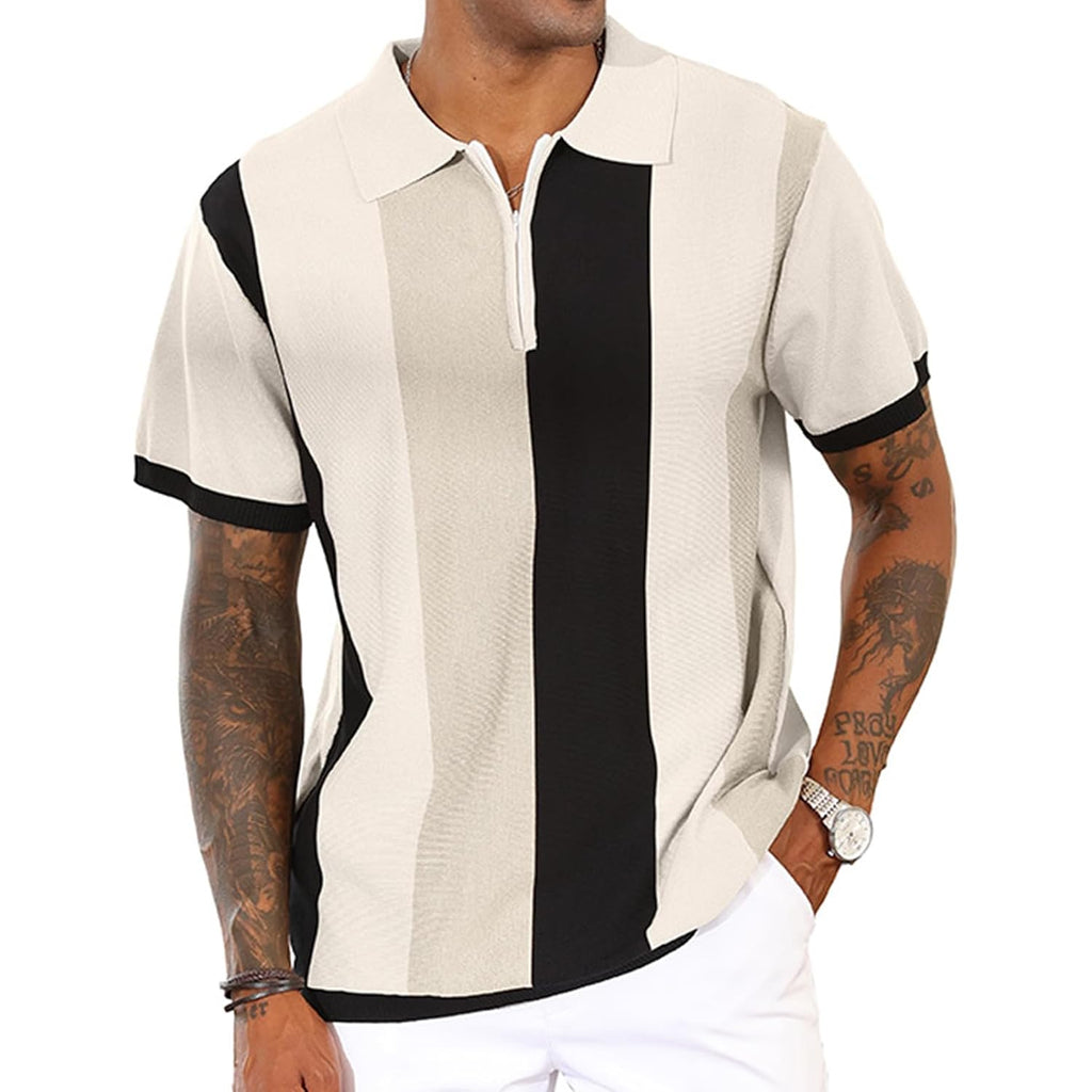 Men'S Fashion Polo Shirts Vintage Striped Knitting Shirts Casual Slim Fit Golf Shirts