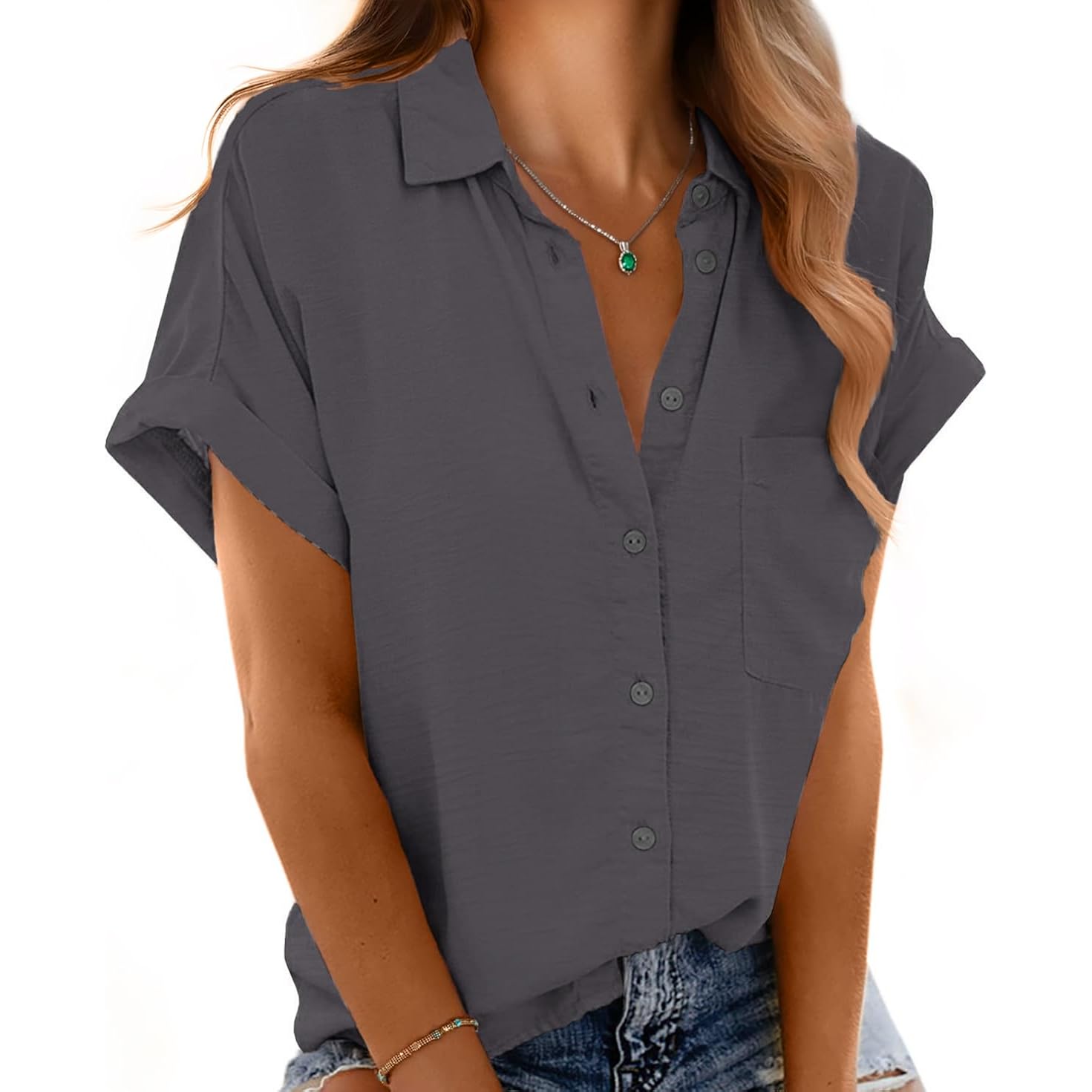 Button Down Short Sleeve Shirts for Women V Neck Loose Roll Up Collared Shirt Casual Summer Tops with Pockets