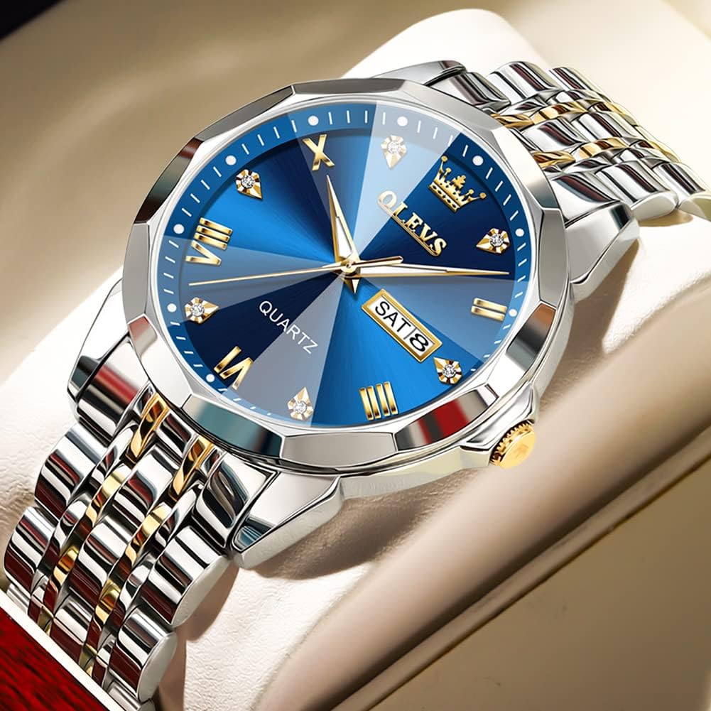 Olevs Watch For Men Diamond Business Dress Analog Quartz Stainless Steel Waterproof Luminous Date Two Tone Luxury Casual Wrist Watch Blue