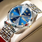 Olevs Watch For Men Diamond Business Dress Analog Quartz Stainless Steel Waterproof Luminous Date Two Tone Luxury Casual Wrist Watch Blue