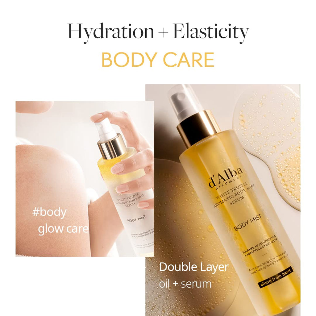 D'Alba Piedmont Italian White Truffle Aromatic Body Mist Serum, Glowy Hydrating Body Serum Spray, Go-To Body Mist For Dry And Damaged Skin, Romantic Fragrance, Korean Skin Care (6.08 Fl Oz.)