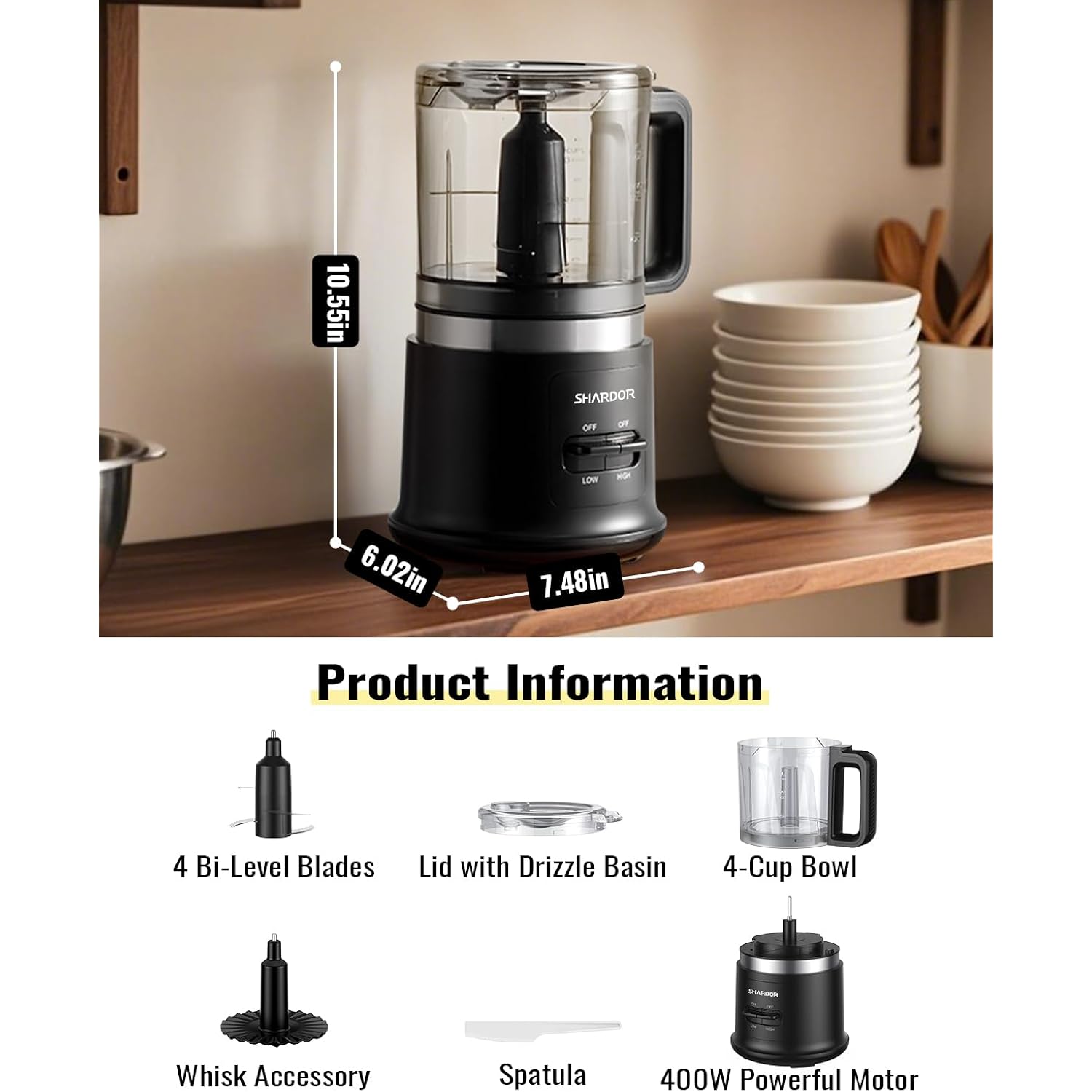 Food Chopper, 4 Cup Mini And Fast Food Processor, Electric Meat Grinder With 2 Speed, 4 Stainless Steel Blades, And Whisk, 400W Power For Chopping, Mixing, Emulsifying, Puree And Whisking, Bpa-Free