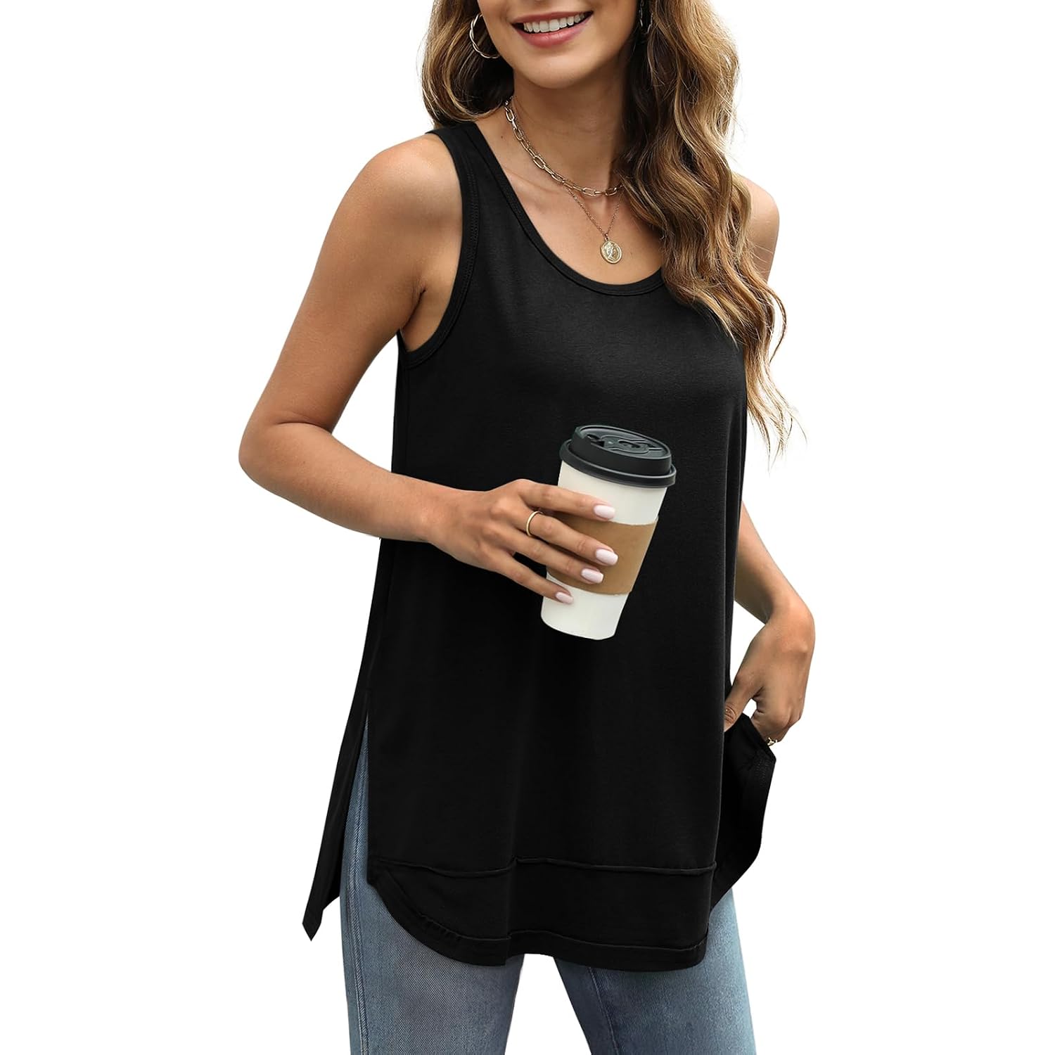 WIHOLL Loose Fit Tank Tops for Women Scoop Neck Summer Side Split Sleeveless Shirts 2026 Fashion
