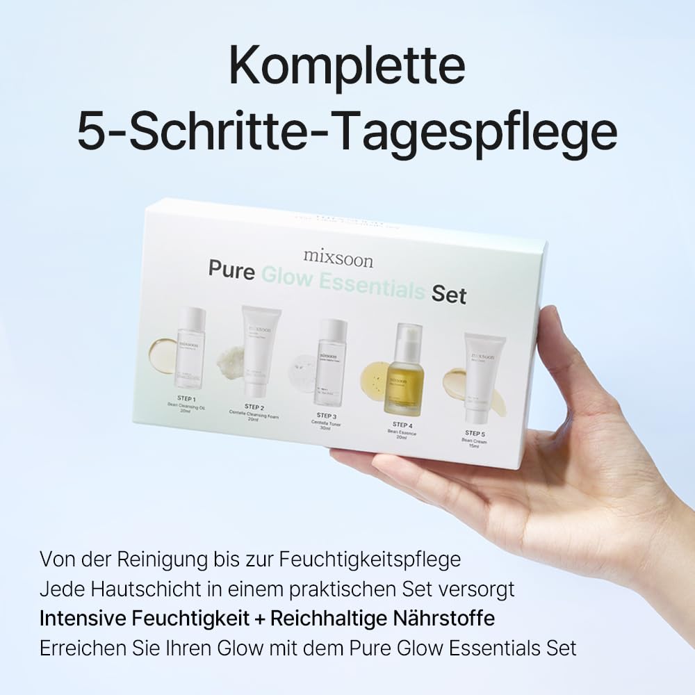 Mixsoon Pure Glow Essentials Set - 5-Step Skincare Kit - Travel Kit, Travel Size Kit, Hydrating Skincare Gift Set (15Ml*1+20Ml*3+30Ml*1) Korean Glass Skin Care
