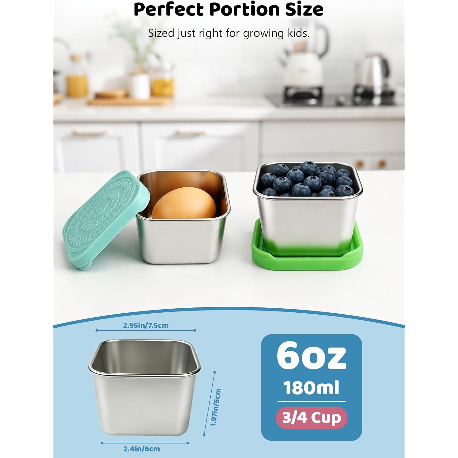 Htevw 6 Pack Stainless Steel Snack Containers For Kids, 6 Oz Toddler Snack Containers With Silicone Lids, Reusable Leak Resistant Food Containers For School Lunch, Daycare, Travel & Portion Control