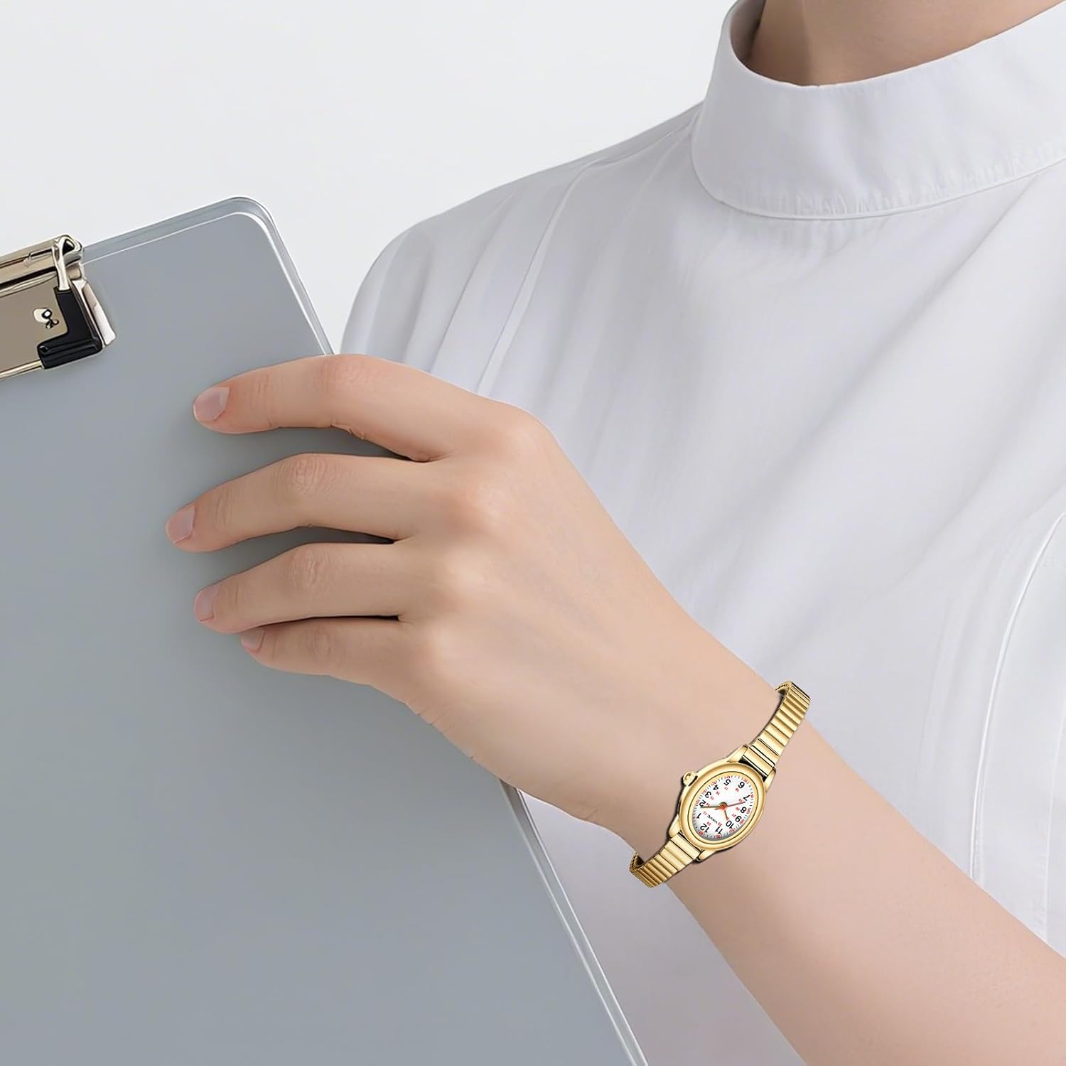 Gold Watch Waterproof Nurse Watch For Medical Professionals,Students,Women-Military Time Easy Read Dial,24 Hour With Second Hand,Stainless Steel Expansion Band