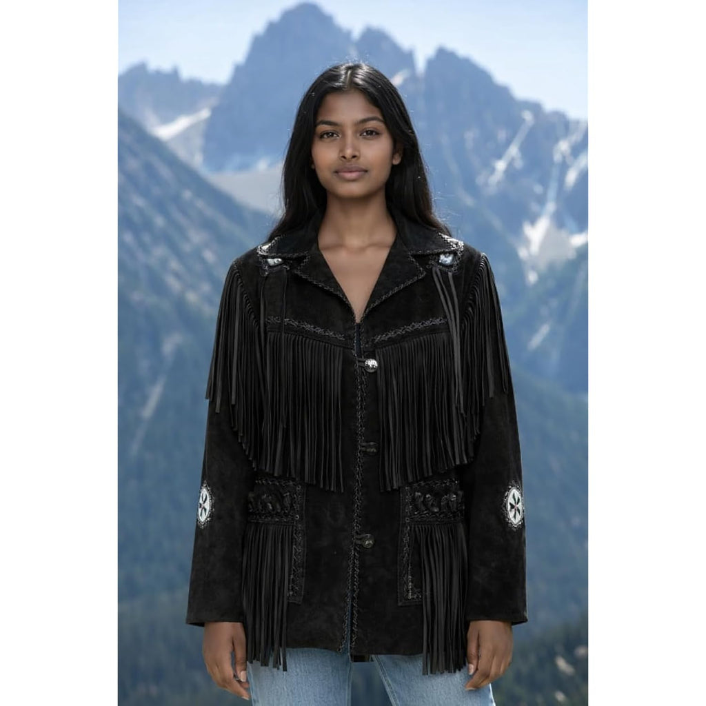 Women’S Western Fringe Suede Leather Jacket – Cowgirl Coat Beaded Epaulettes Southwestern Rodeo Style