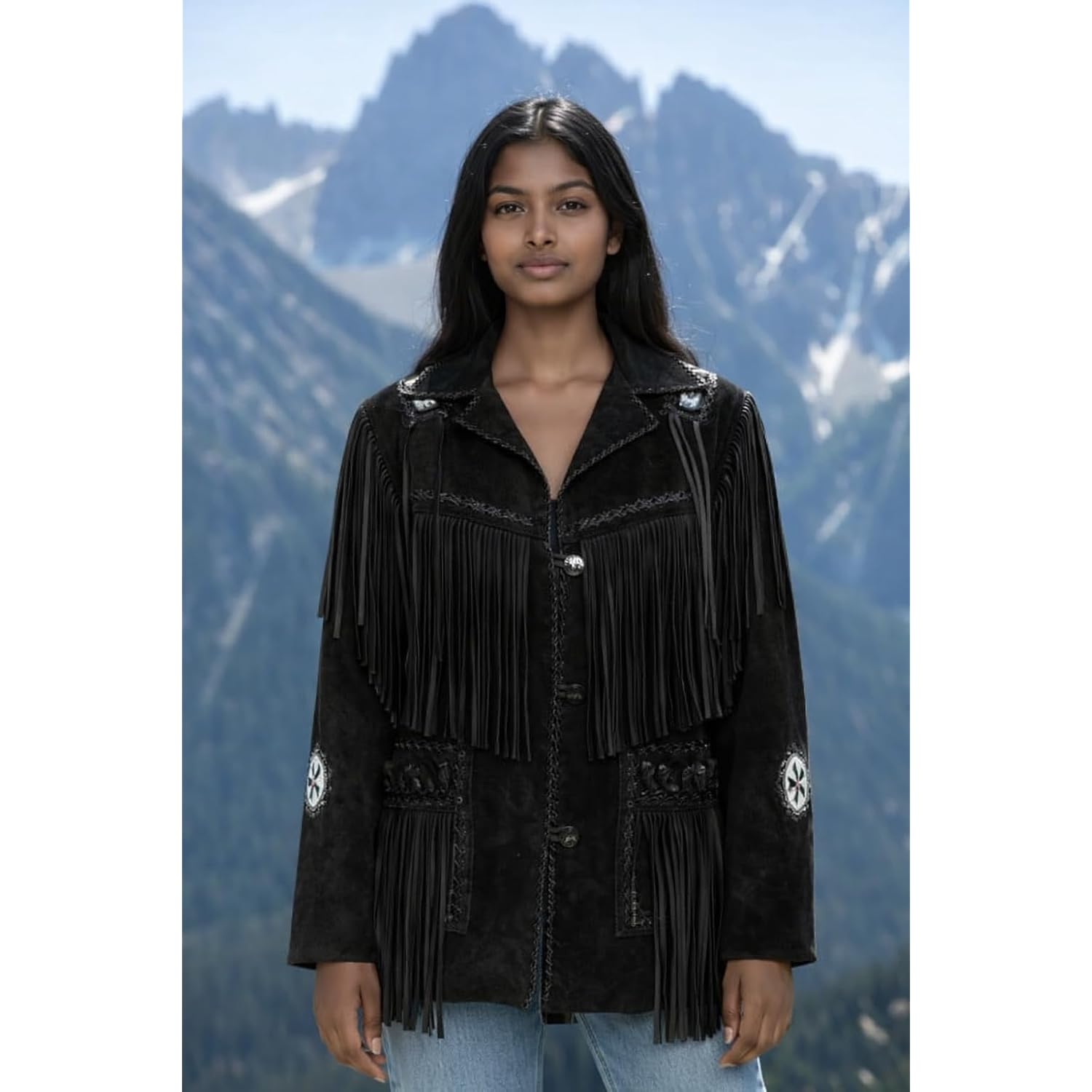 Women’S Western Fringe Suede Leather Jacket – Cowgirl Coat Beaded Epaulettes Southwestern Rodeo Style