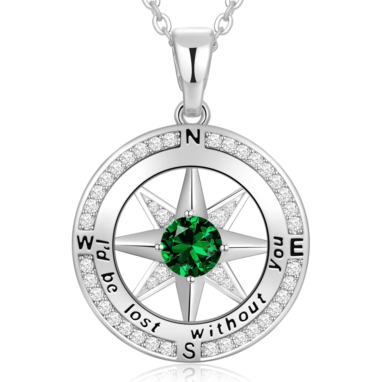 Peeshow Compass Birthstone Necklace for Women Wife, S925 Sterling Silver Gift for Wife Wedding Anniversary Birthday Gifts for Women Jewelry for Her Girlfriend I'd be Lost without You