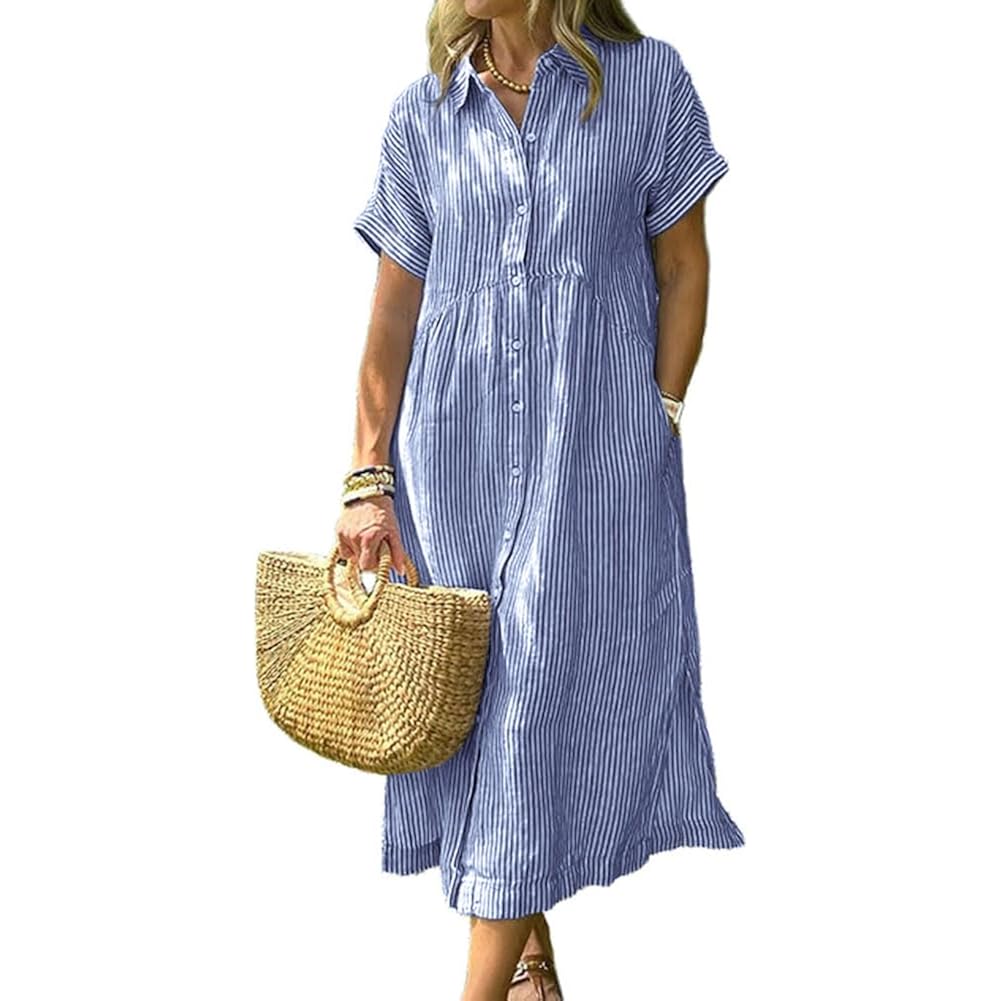 Chouyatou Women'S Summer Striped Midi Long Shirt Dress Casual Loose Short Sleeve Button Down Dress