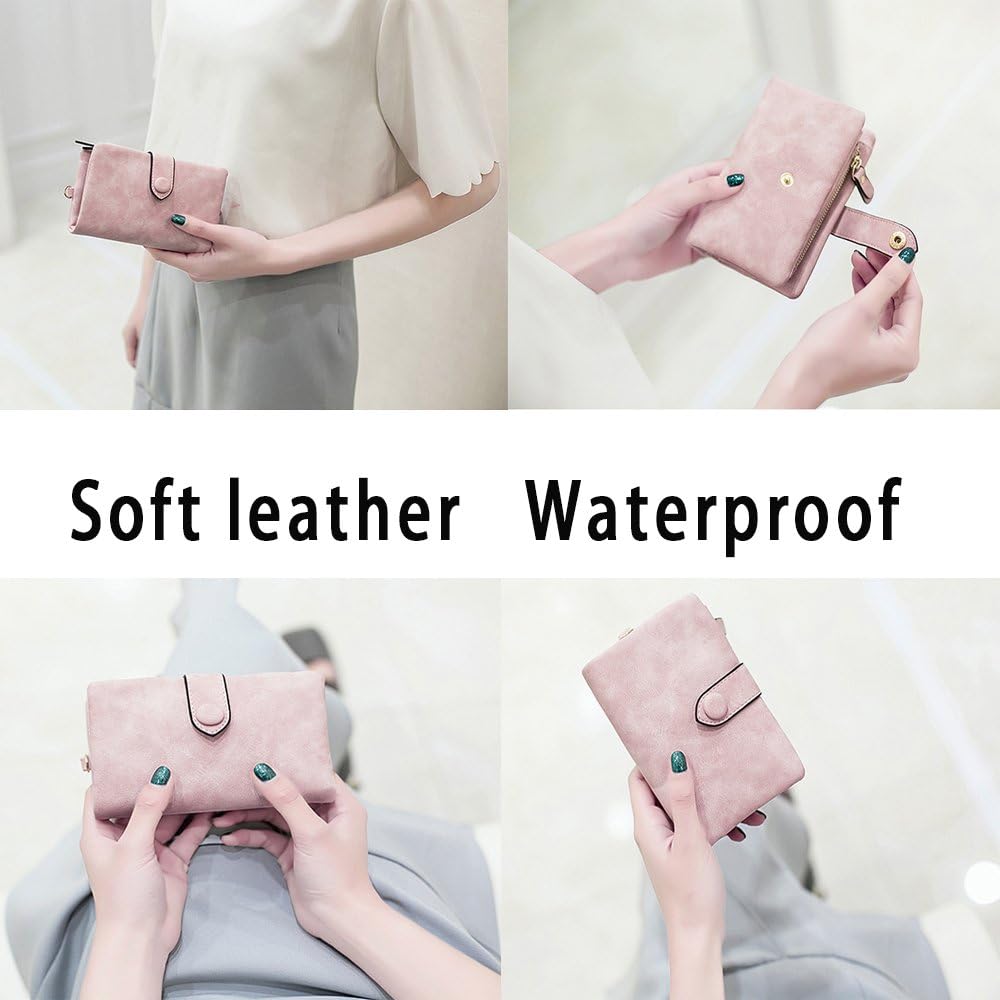 Topkull Bifold Small Rfid Soft Leather Ladies Trifold Wallets Billfolds Mini Wristlet Clutch Cute Zipper Coin Purse With Wrist Strap (Pink)