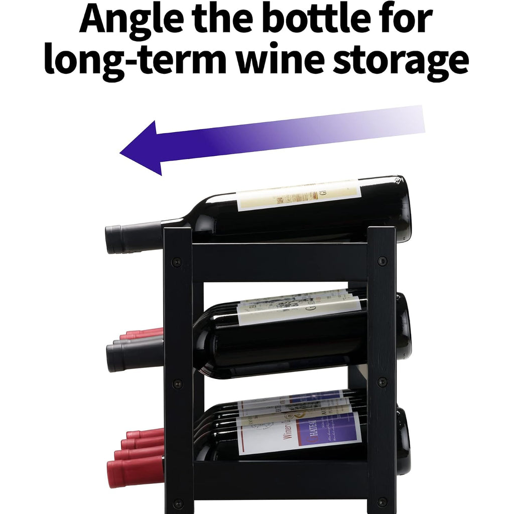 Vasmia Bamboo Wine Rack, Sturdy And Durable Wine Storage Cabinet Shelf, Wine Racks Countertop For Pantry,Kitchen,3-Tier 12 Bottles Wine Rack Black