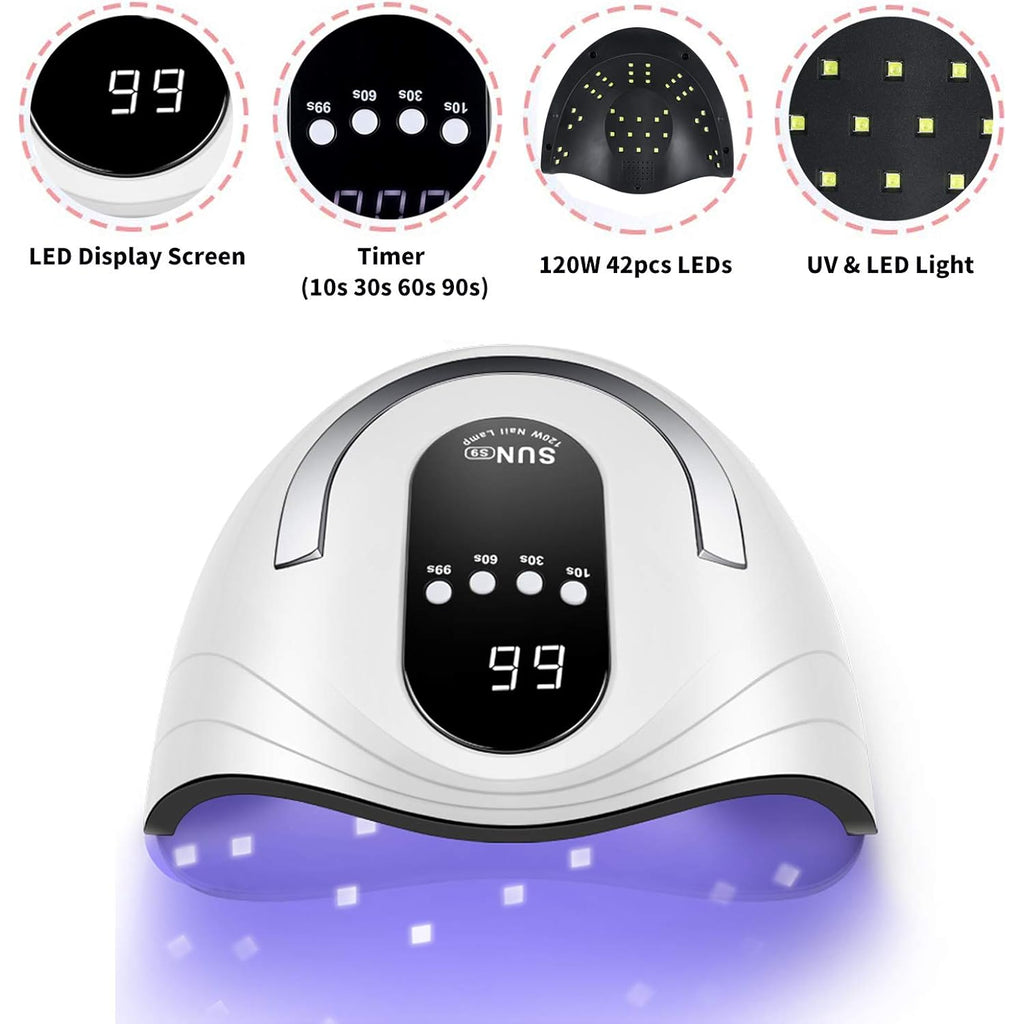 Sunrich UV Gel Nail Lamp 120W LED Nail Light Fast Dryer for Gel Polish Curing with 4 Timers Portable Handle Large Space Automatic Sensor (White)