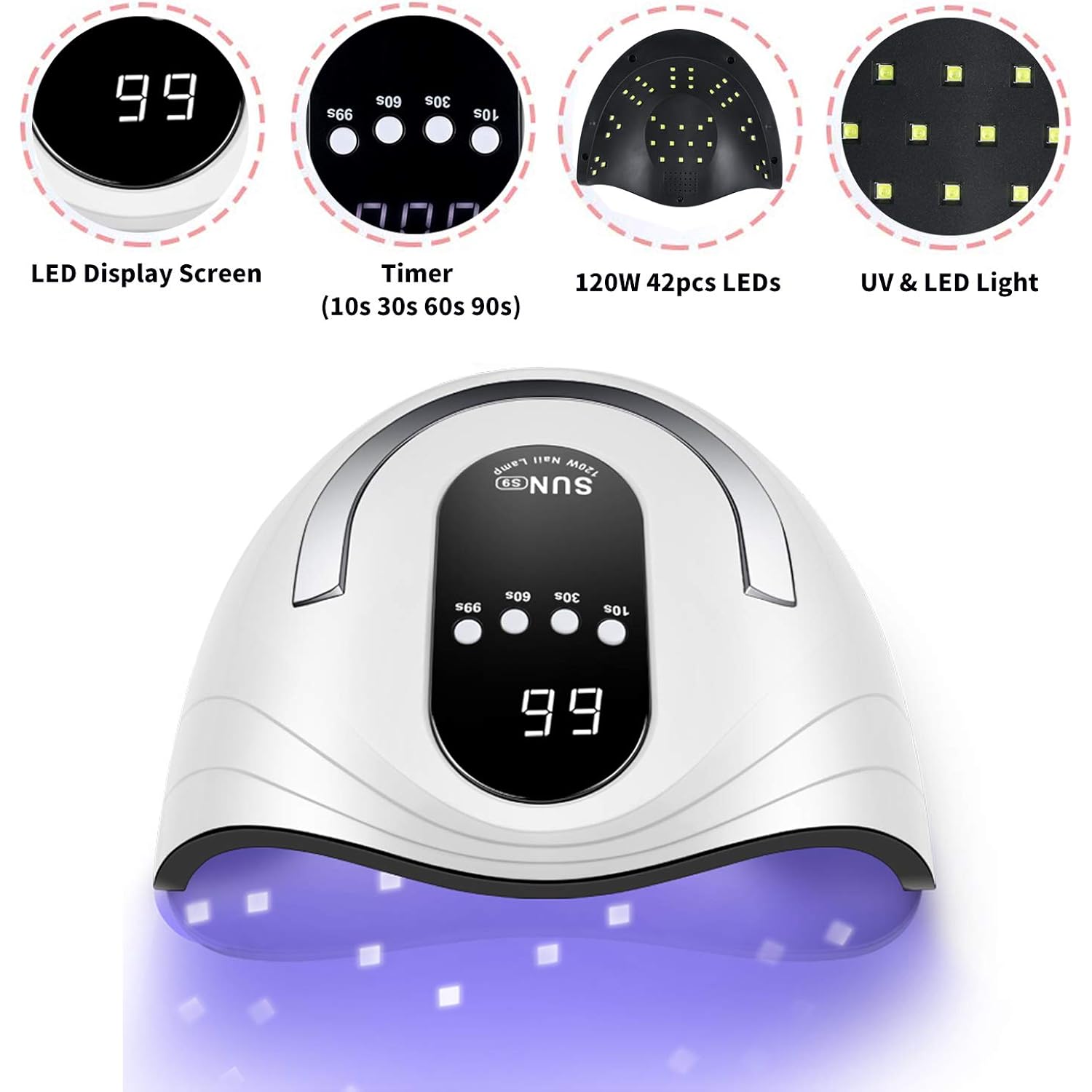 Sunrich UV Gel Nail Lamp 120W LED Nail Light Fast Dryer for Gel Polish Curing with 4 Timers Portable Handle Large Space Automatic Sensor (White)