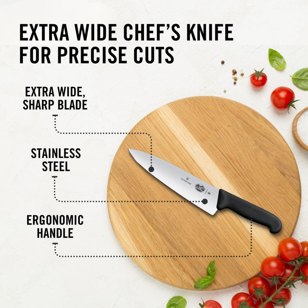 Victorinox Fibrox Pro Chef’s Knife, 8 Inch - Swiss Army Kitchen Knife, High Carbon Stainless Steel Blade, Non-Slip Fibrox Handle, Dishwasher Safe, Black