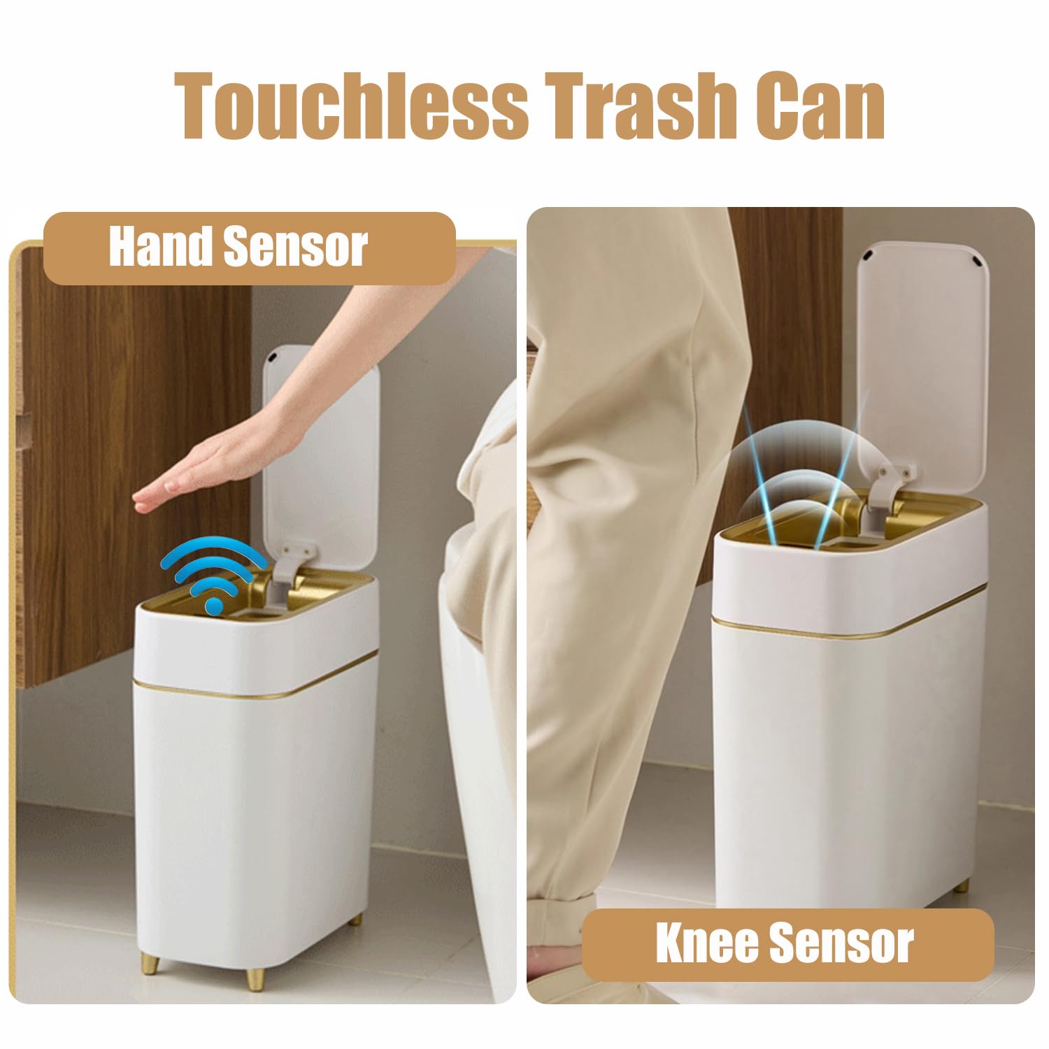 Yatmung 2-Pack - Automatic Compact Trash Can With Touchless Lid Smart Garbage Can - Waste Basket For Bathroom, Bedroom, Laundry Room, Small Spaces - Motion Sensor Trash Bin - White With Gold Edge
