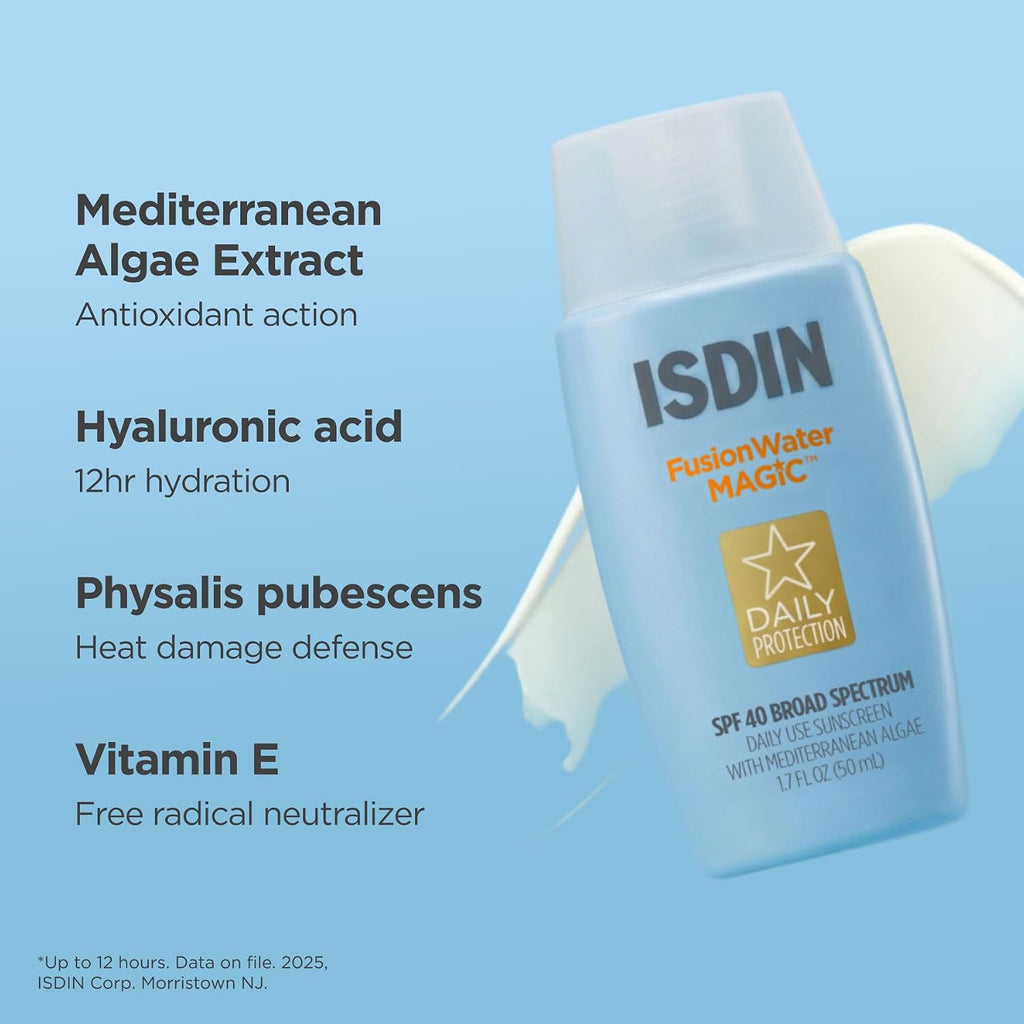 Isdin Fusion Water Magic Spf 40, Lightweight Sunscreen For Face With Hyaluronic Acid And Vitamin E, Ideal For Daily Use, Dermatologist Recommended, Fast Absorbing And Non-Comedogenic