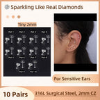 10 Pairs Small Stud Earrings for Women Precision-Cut Cubic Zirconia Earrings for Sensitive Ears Hypoallergenic Surgical Stainless Steel Tiny Stack Earrings for Multiple Piercing