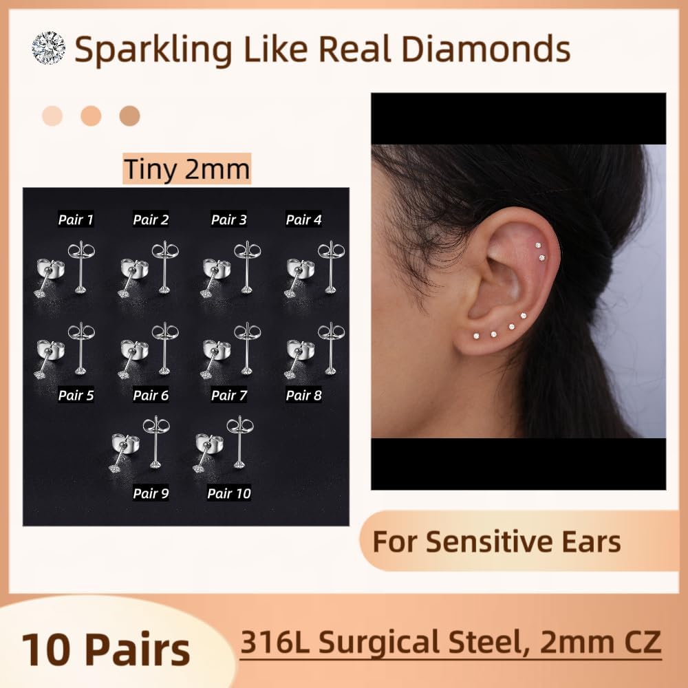 10 Pairs Small Stud Earrings for Women Precision-Cut Cubic Zirconia Earrings for Sensitive Ears Hypoallergenic Surgical Stainless Steel Tiny Stack Earrings for Multiple Piercing