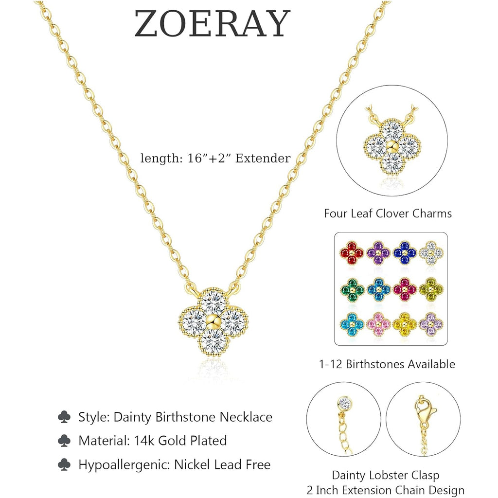 ZOERAY Mothers Day Gifts Birthstone Necklace for Women Non Tarnish 14K Gold Plated Four Leaf Clover Necklace Dainty Gold Choker Necklaces for Women Trendy CZ Emerald Pendant Necklace Birthday Jewelry