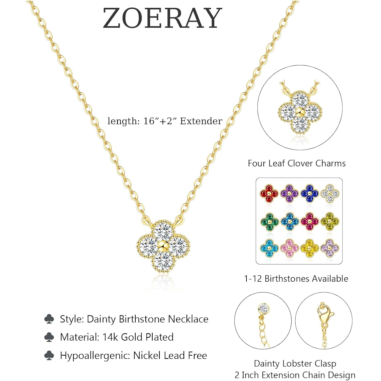 ZOERAY Mothers Day Gifts Birthstone Necklace for Women Non Tarnish 14K Gold Plated Four Leaf Clover Necklace Dainty Gold Choker Necklaces for Women Trendy CZ Emerald Pendant Necklace Birthday Jewelry