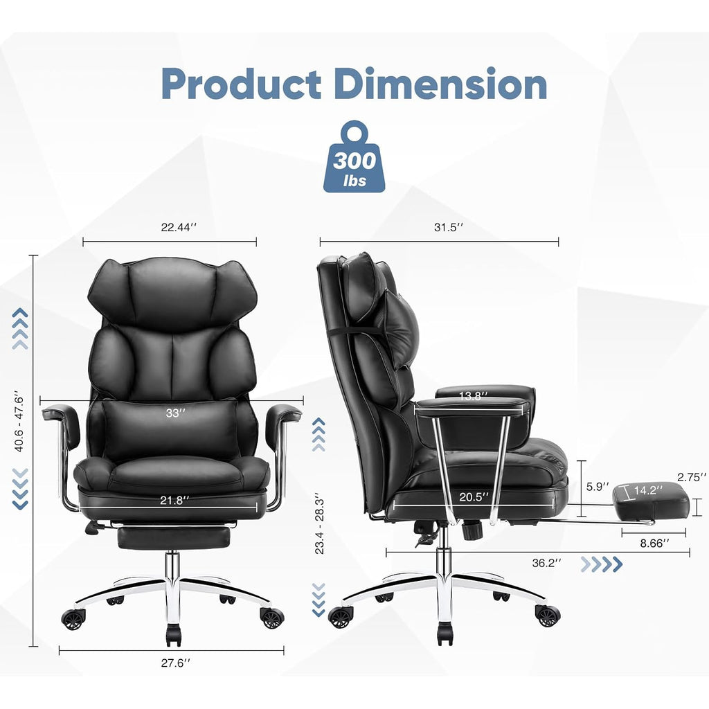Dumos Home Office Desk Executive Chair - Ergonomic Big Tall High Back With Footrest & Lumbar Support, Reclining Height Adjustable, Comfy Pu Leather Computer Gaming With Swivel Wheels, Black