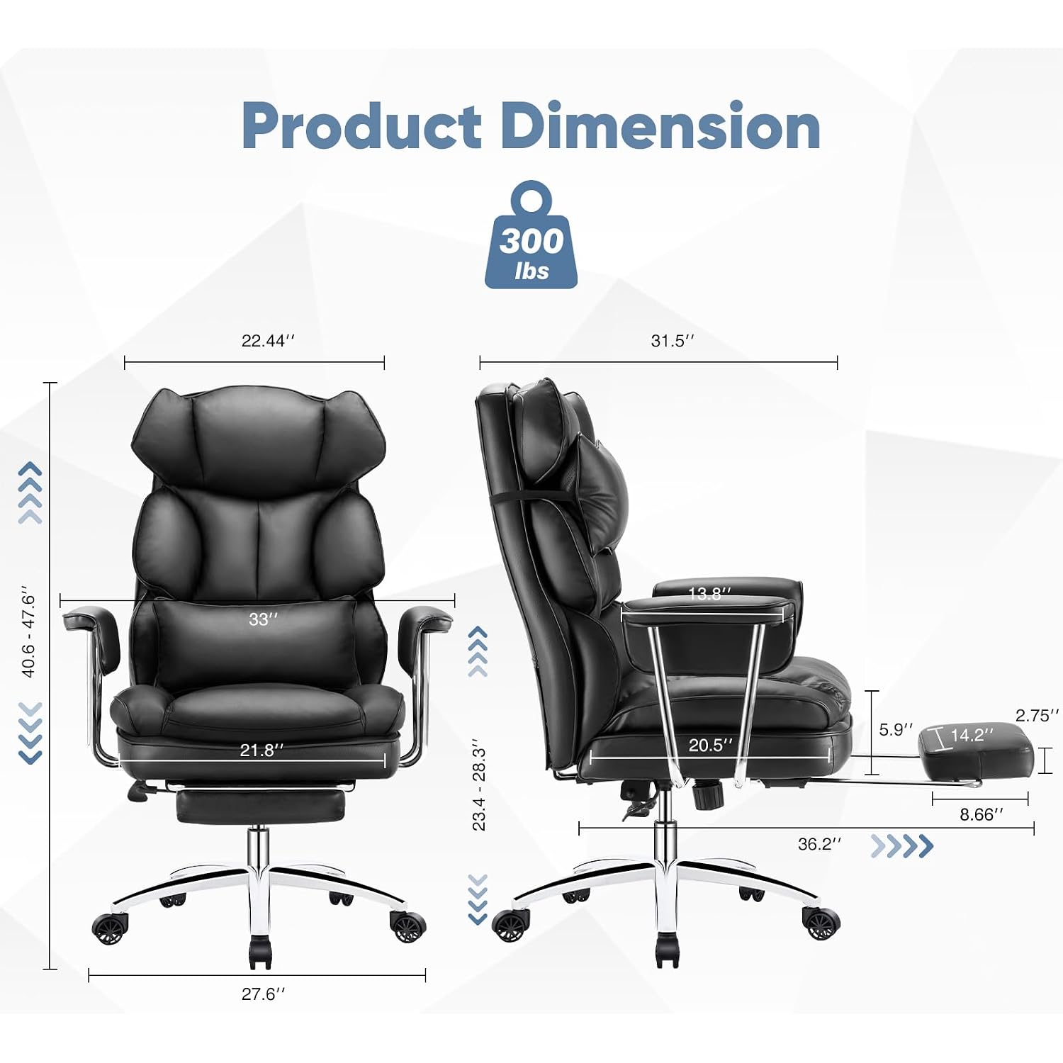 Dumos Home Office Desk Executive Chair - Ergonomic Big Tall High Back With Footrest & Lumbar Support, Reclining Height Adjustable, Comfy Pu Leather Computer Gaming With Swivel Wheels, Black